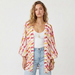 Anthropologie Kimono Pink Yellow Striped Open Bohemian Festival Vacation Top OS